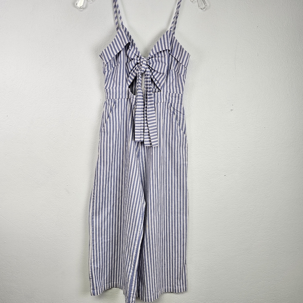Main Strip Jumpsuit Blue White Striped Open Bow Sz S Sailor Cottagecore Coastal